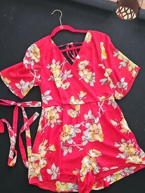 Charlotte Russe Red Floral Tie-Back Romper